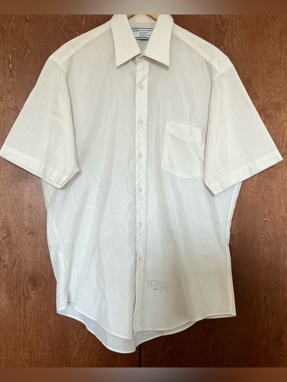 Vintage Sears Perma-Prest Short Sleeve Button Up Shirt Mens Size 16.5 Cream Flaw